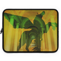 Pegasus laptop sleeve - Green mythological flying horse silhouette against golden classical columned hallway on protective neoprene computer case