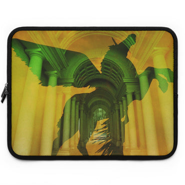 Pegasus laptop sleeve - Green mythological flying horse silhouette against golden classical columned hallway on protective neoprene computer case
