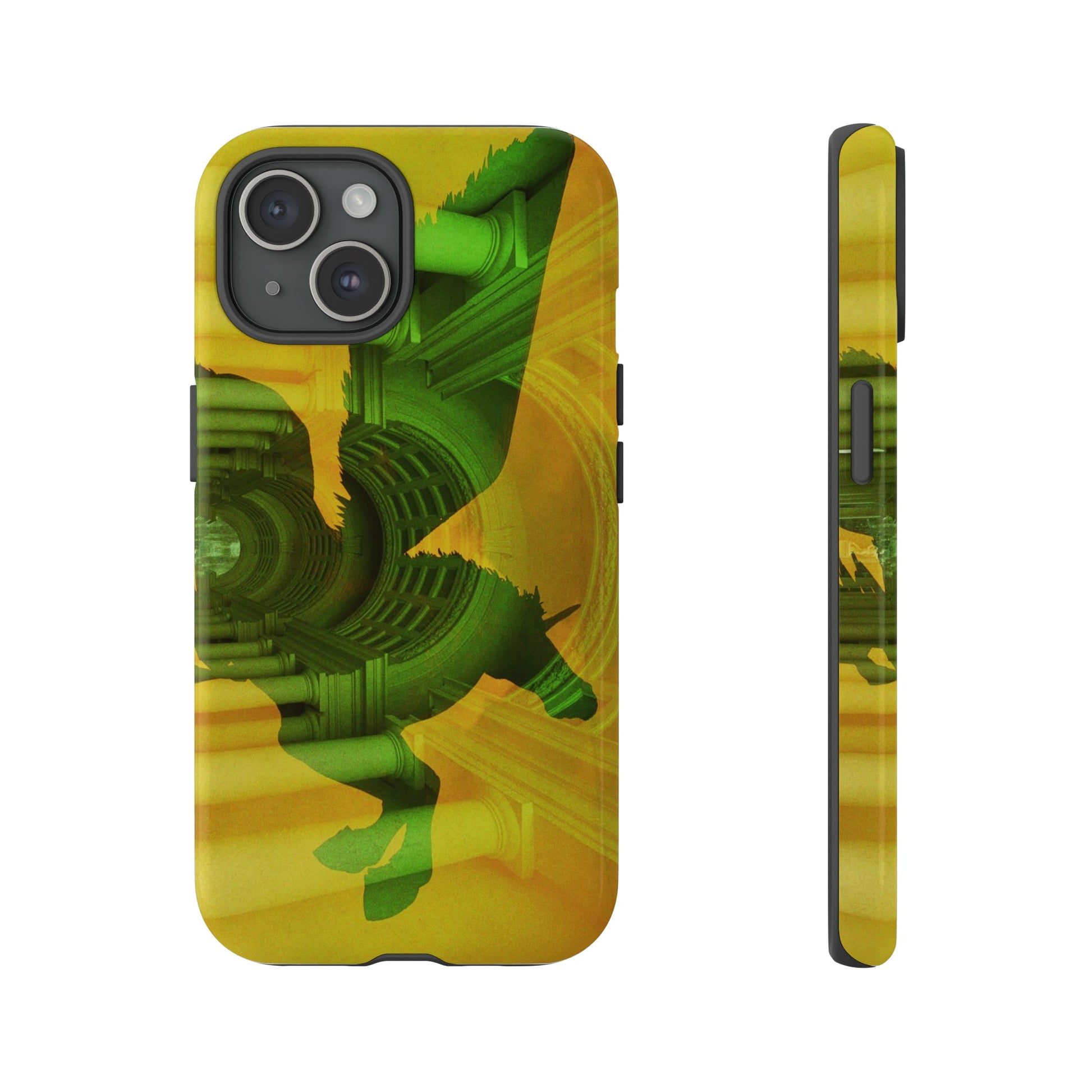 Pegasus protective phone case - Green mythological flying horse silhouette against golden classical columned hallway on slim durable device cover
