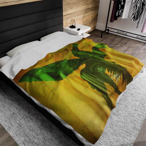 Pegasus luxury throw blanket - Green mythological flying horse silhouette against golden classical columned hallway on premium soft fabric home accessory
