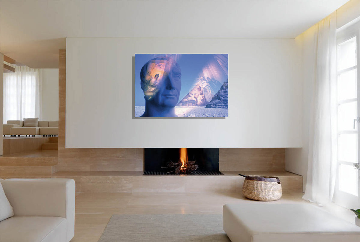 Perpetual Edict canvas print by Vittorio Storaro - Roman imperial bust with blue-illuminated legal scene showing the expansion of citizenship on premium gallery canvas
