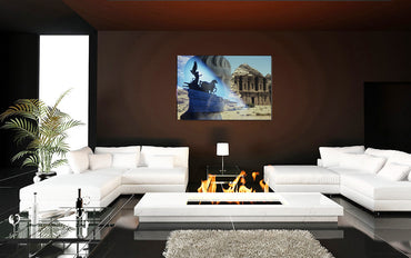 Petra acrylic print by Vittorio Storaro - Classical bust and monument with The Treasury at Petra in atmospheric blue desert landscape

