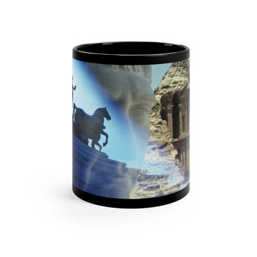 Petra black ceramic mug - Classical bust and monument with The Treasury at Petra in atmospheric blue desert landscape on premium drinkware with black background
