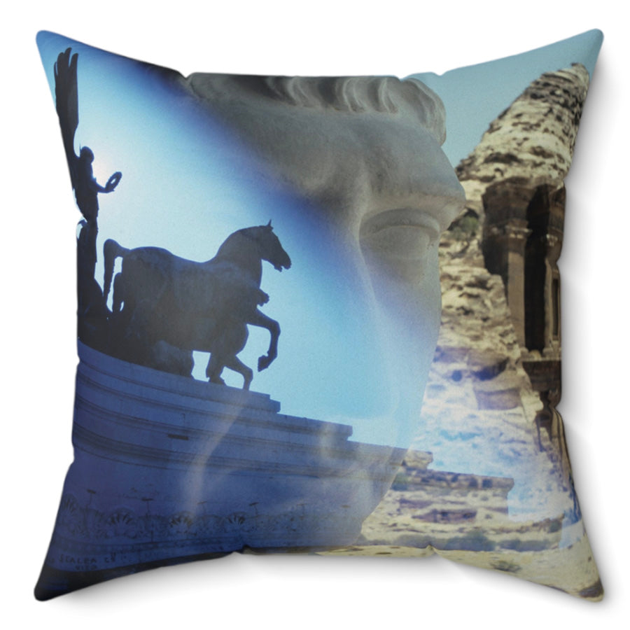 Petra decorative pillow - Classical bust and monument with The Treasury at Petra in atmospheric blue desert landscape on premium square cushion
