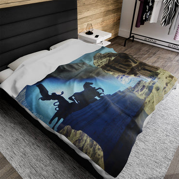 Petra luxury throw blanket - Classical bust and monument with The Treasury at Petra in atmospheric blue desert landscape on premium soft fabric home accessory
