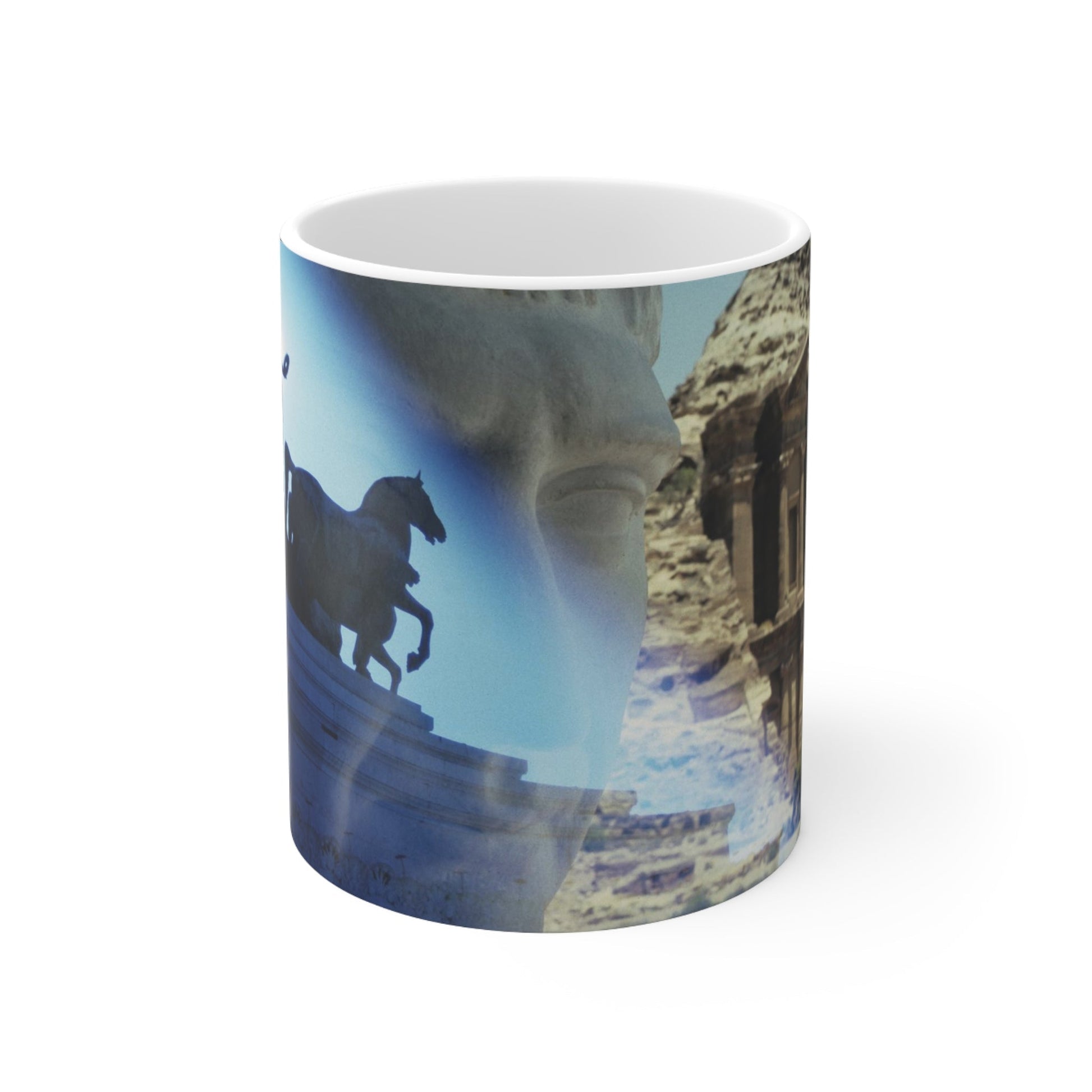 Petra white ceramic mug - Classical bust and monument with The Treasury at Petra in atmospheric blue desert landscape on premium drinkware with white background
