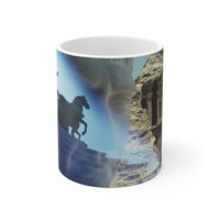 Petra white ceramic mug - Classical bust and monument with The Treasury at Petra in atmospheric blue desert landscape on premium drinkware with white background
