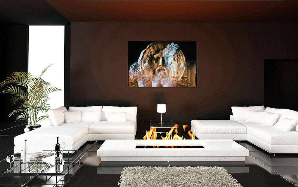 River Divinity acrylic print by Vittorio Storaro - Classical river god sculpture with flowing beard superimposed on ancient temple ruins in amber light
