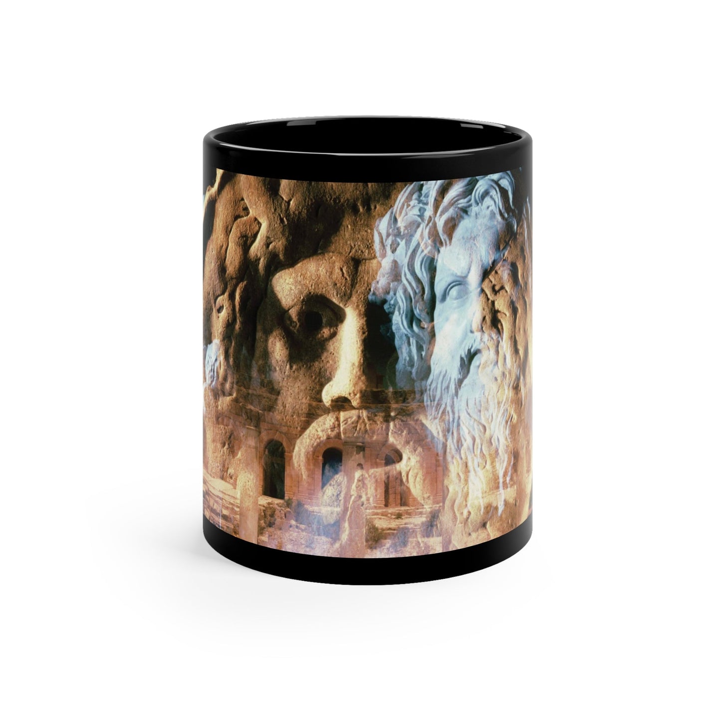 River Divinity black ceramic mug - Classical river god sculpture with flowing beard superimposed on ancient temple ruins in amber light on premium drinkware with black background
