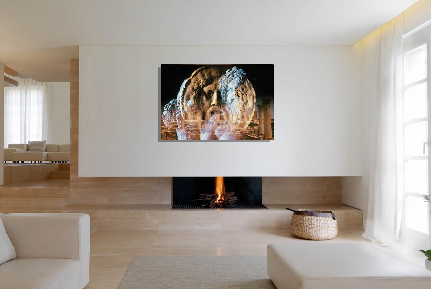 River Divinity canvas print by Vittorio Storaro - Classical river god sculpture with flowing beard superimposed on ancient temple ruins in amber light on premium gallery canvas
