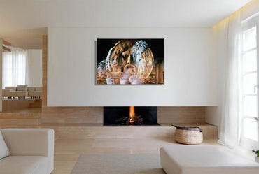 River Divinity canvas print by Vittorio Storaro - Classical river god sculpture with flowing beard superimposed on ancient temple ruins in amber light on premium gallery canvas
