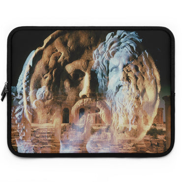 River Divinity laptop sleeve - Classical river god sculpture with flowing beard superimposed on ancient temple ruins in amber light on protective neoprene computer case

