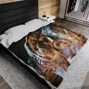 River Divinity luxury throw blanket - Classical river god sculpture with flowing beard superimposed on ancient temple ruins in amber light on premium soft fabric home accessory
