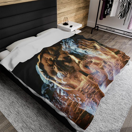 River Divinity luxury throw blanket - Classical river god sculpture with flowing beard superimposed on ancient temple ruins in amber light on premium soft fabric home accessory
