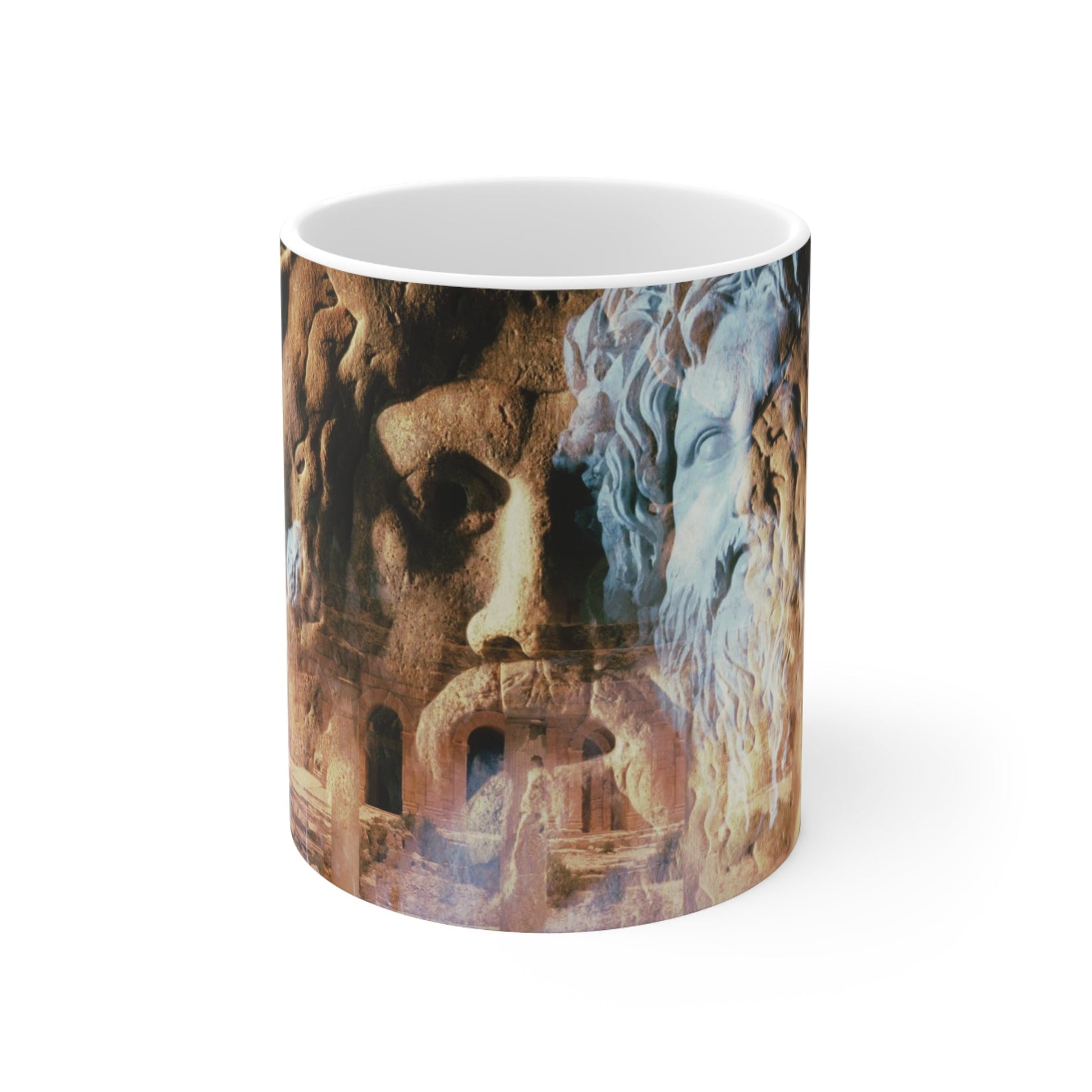 River Divinity white ceramic mug - Classical river god sculpture with flowing beard superimposed on ancient temple ruins in amber light on premium drinkware with white background
