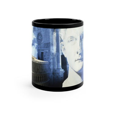Roma black ceramic mug - Classical Roman bust with Colosseum and Arch of Constantine in atmospheric blue light on premium drinkware with black background
