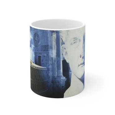 Roma white ceramic mug - Classical Roman bust with Colosseum and Arch of Constantine in atmospheric blue light on premium drinkware with white background
