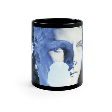 Roman Arch black ceramic mug - Classical marble sculpture with Roman arch in dreamlike blue double exposure on premium black drinkware
