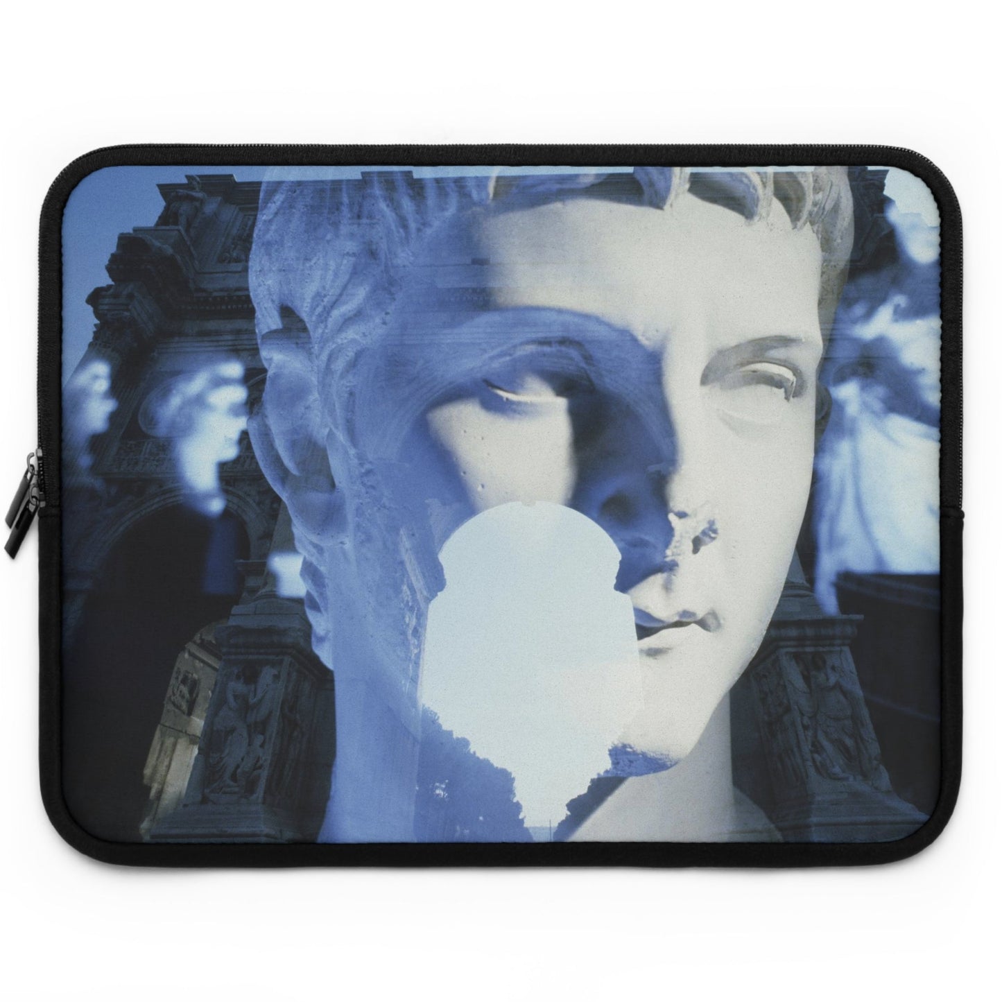 Roman Arch laptop sleeve - Classical marble sculpture with Roman arch in dreamlike blue double exposure on protective neoprene computer case

