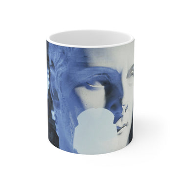 Roman Arch white ceramic mug - Classical marble sculpture with Roman arch in dreamlike blue double exposure on premium drinkware
