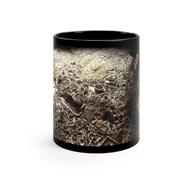 Rome and Its Capitoline Jupiter black ceramic mug - Classical Jupiter statue with aerial Rome view in golden double exposure on premium black drinkware
