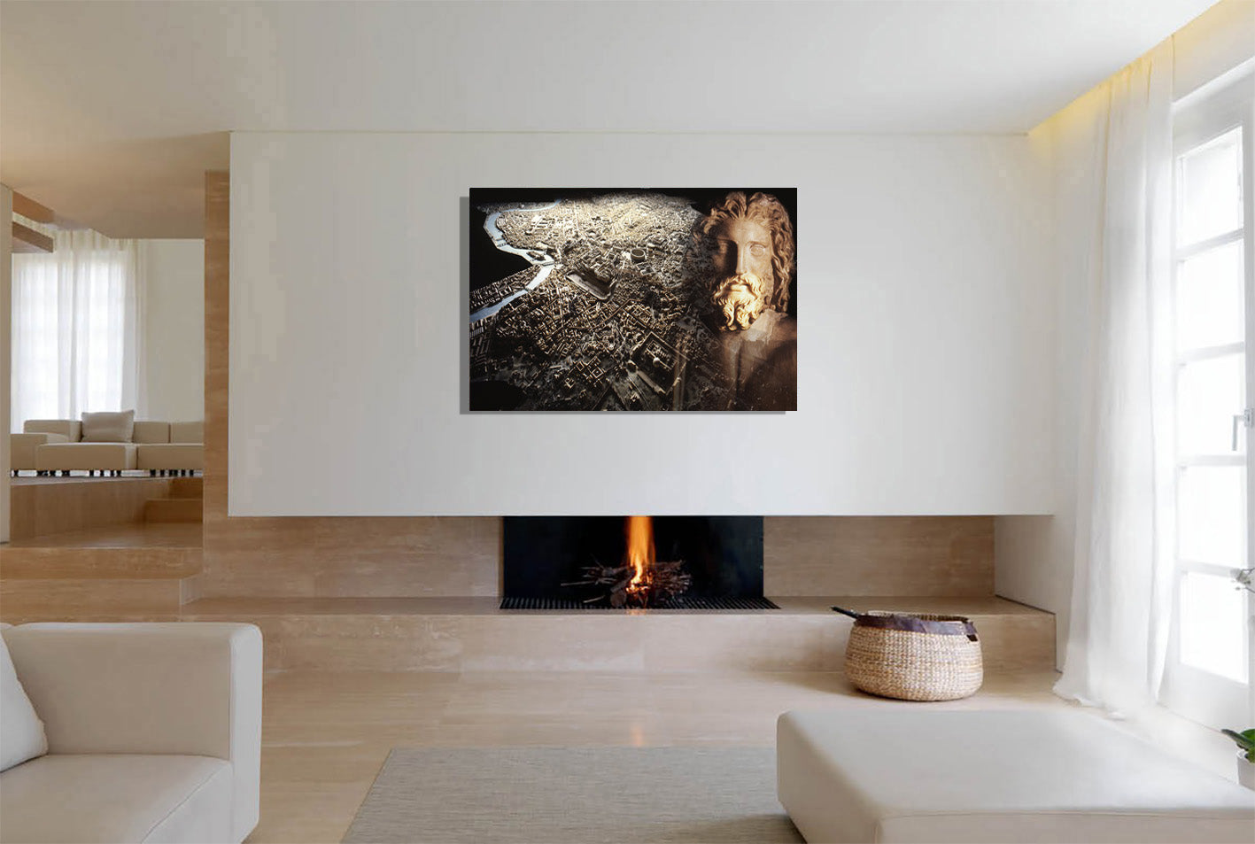 Rome and Its Capitoline Jupiter canvas print by Storaro - Classical Jupiter statue with aerial Rome view in golden double exposure on premium gallery canvas
