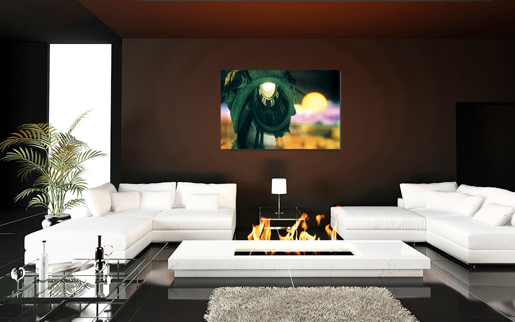 Romulus Deified as Quirino acrylic print by Storaro - Classical Romulus statue with celestial orb in divine transformation double exposure
