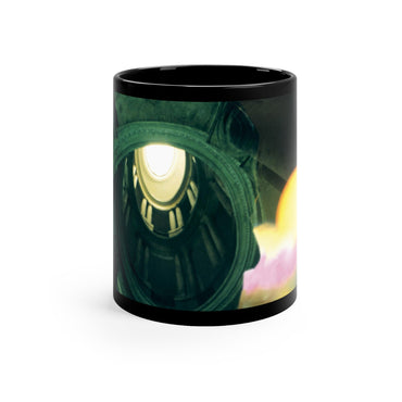 Romulus Deified as Quirino black ceramic mug - Classical Romulus statue with celestial orb in divine transformation double exposure on premium black drinkware

