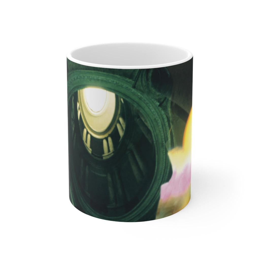 Romulus Deified as Quirino white ceramic mug - Classical Romulus statue with celestial orb in divine transformation double exposure on premium drinkware

