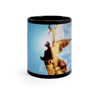 Septimius Severus and His Laurel Wreath black ceramic mug - Classical emperor bust with Winged Victory silhouette in golden blue double exposure on premium black drinkware
