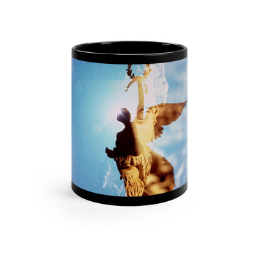 Septimius Severus and His Laurel Wreath black ceramic mug - Classical emperor bust with Winged Victory silhouette in golden blue double exposure on premium black drinkware
