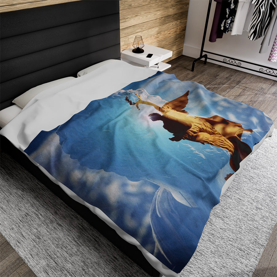 Septimius Severus and His Laurel Wreath luxury throw blanket - Classical emperor bust with Winged Victory silhouette in golden blue double exposure on premium soft fabric
