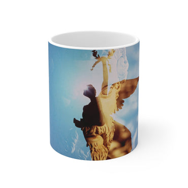 Septimius Severus and His Laurel Wreath white ceramic mug - Classical emperor bust with Winged Victory silhouette in golden blue double exposure on premium drinkware
