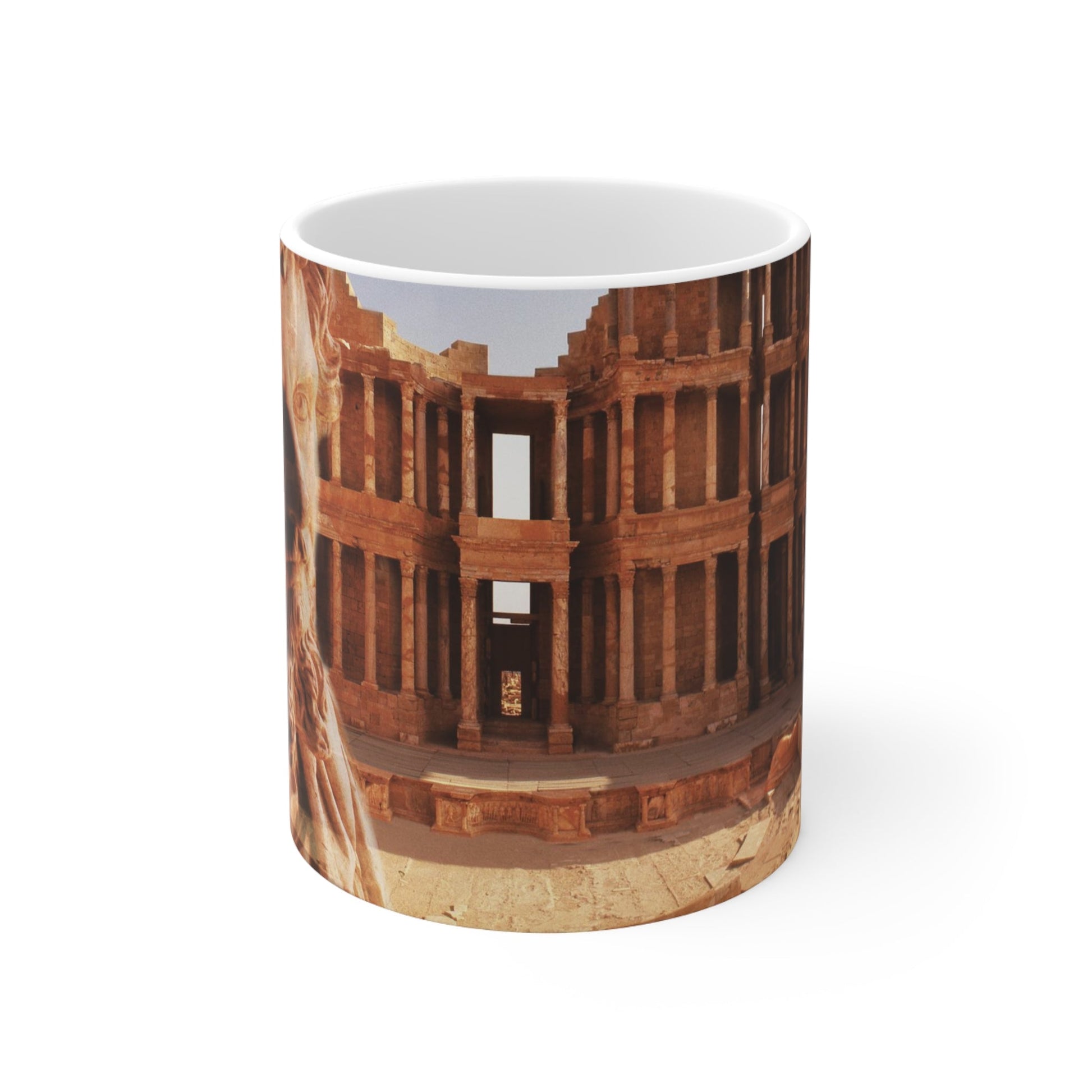 Septimius Severus and Theater of Sabratha white ceramic mug - Classical emperor bust with Roman theater ruins in golden terracotta double exposure on premium drinkware
