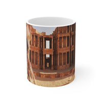 Septimius Severus and Theater of Sabratha white ceramic mug - Classical emperor bust with Roman theater ruins in golden terracotta double exposure on premium drinkware
