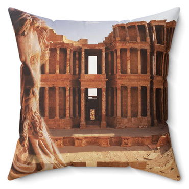 Septimius Severus and Theater of Sabratha decorative pillow - Classical emperor bust with Roman theater ruins in golden terracotta double exposure on premium square cushion
