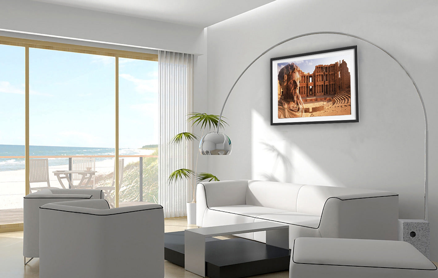 Septimius Severus and Theater of Sabratha photo print by Storaro - Classical emperor bust with Roman theater ruins in golden terracotta double exposure in precise photographic detail
