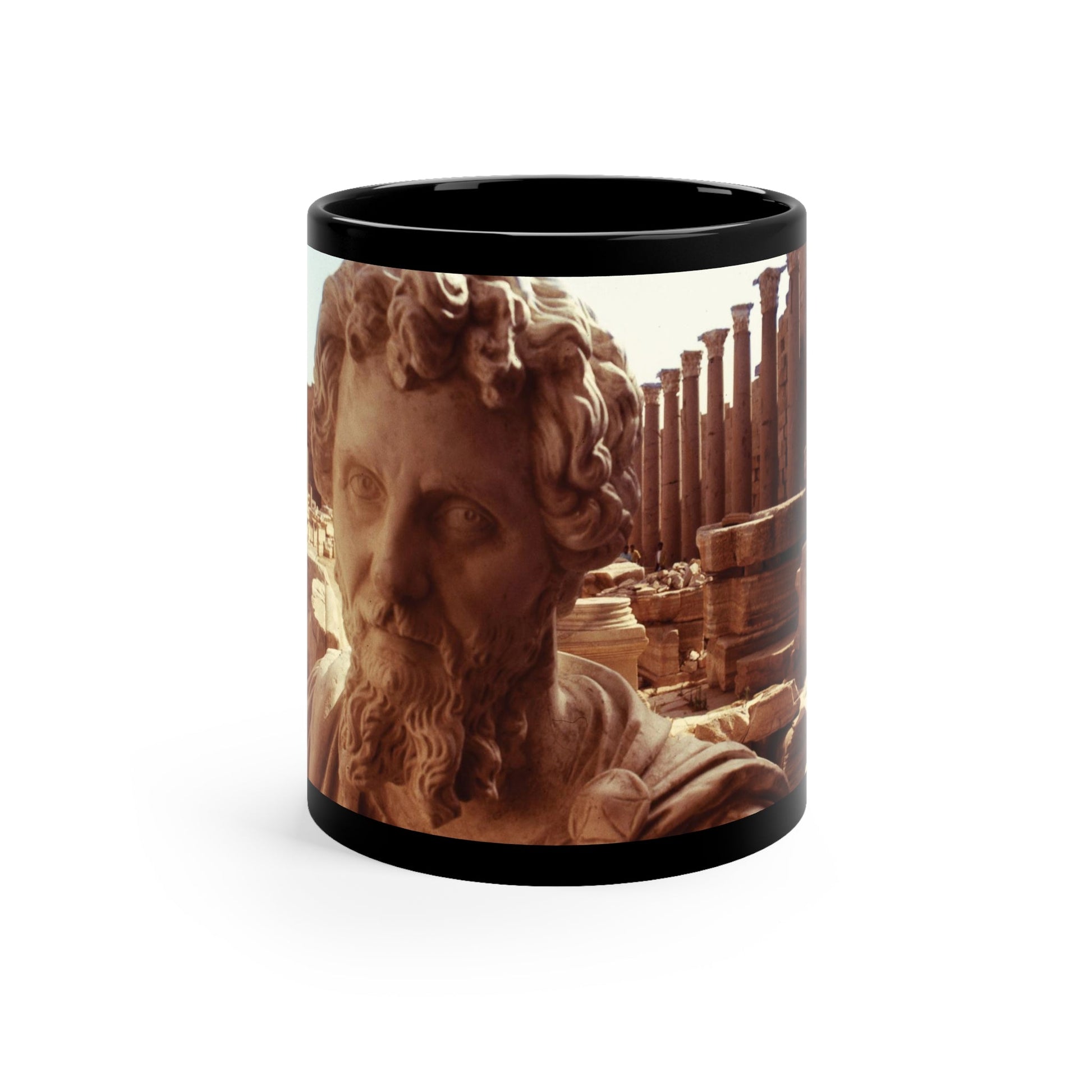 Septimius Severus in Leptis Magna black ceramic mug - Classical emperor bust with North African archaeological ruins in golden double exposure on premium black drinkware
