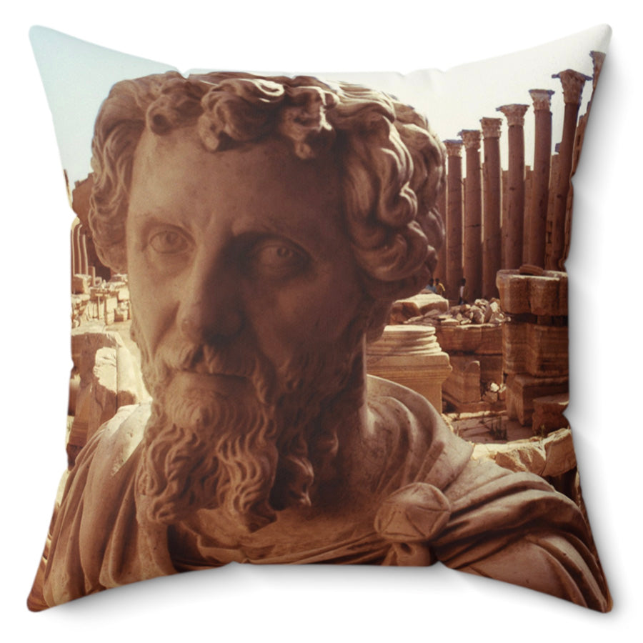 Septimius Severus in Leptis Magna decorative pillow - Classical emperor bust with North African archaeological ruins in golden double exposure on premium square cushion
