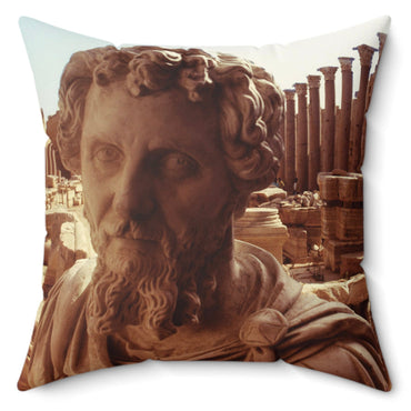Septimius Severus in Leptis Magna decorative pillow - Classical emperor bust with North African archaeological ruins in golden double exposure on premium square cushion
