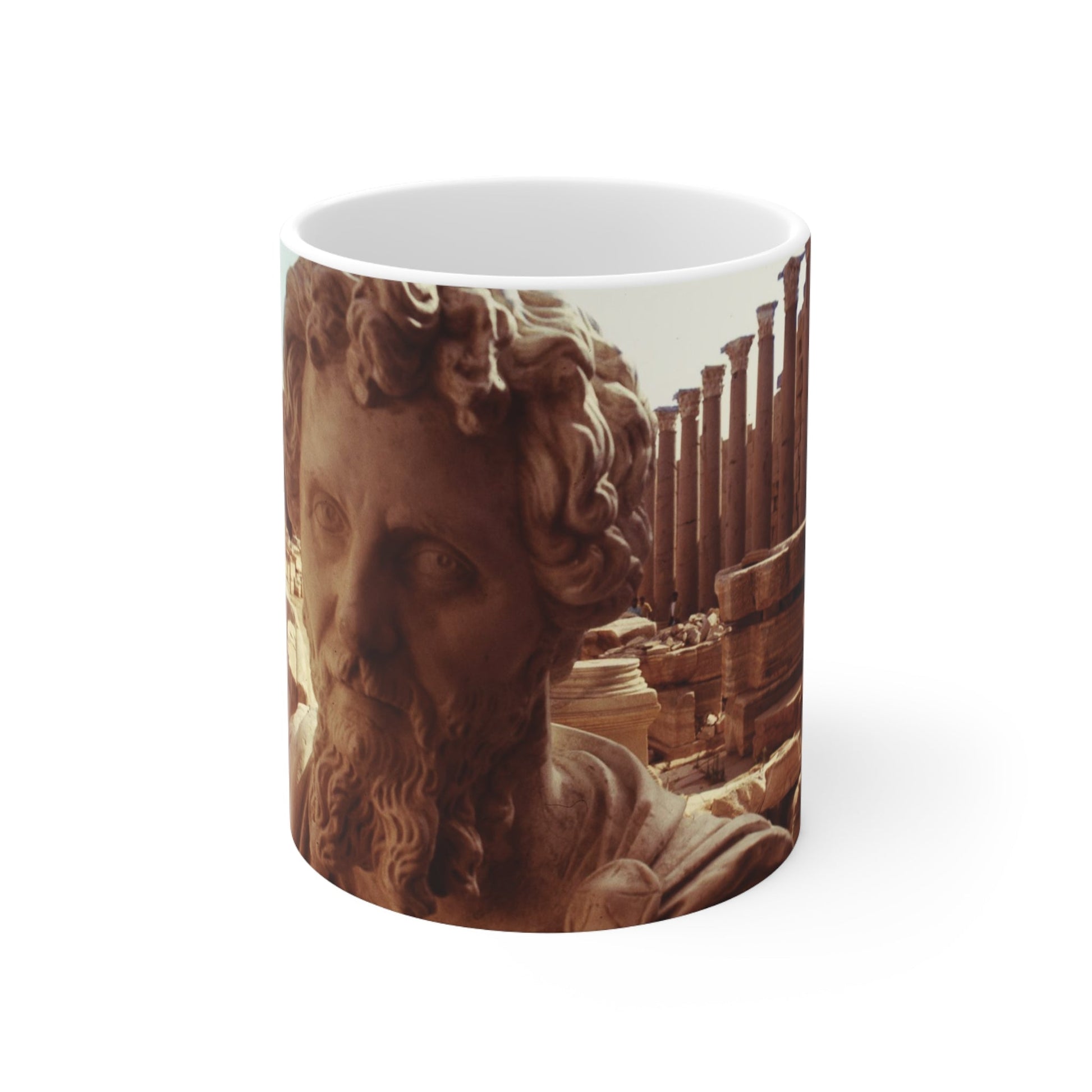 Septimius Severus in Leptis Magna white ceramic mug - Classical emperor bust with North African archaeological ruins in golden double exposure on premium drinkware
