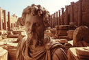 Double exposure photograph merging Emperor Septimius Severus's sculptural bust with the ruins of Leptis Magna, showcasing Rome's first African Emperor and his architectural legacy in warm golden tones with museum-quality detail.