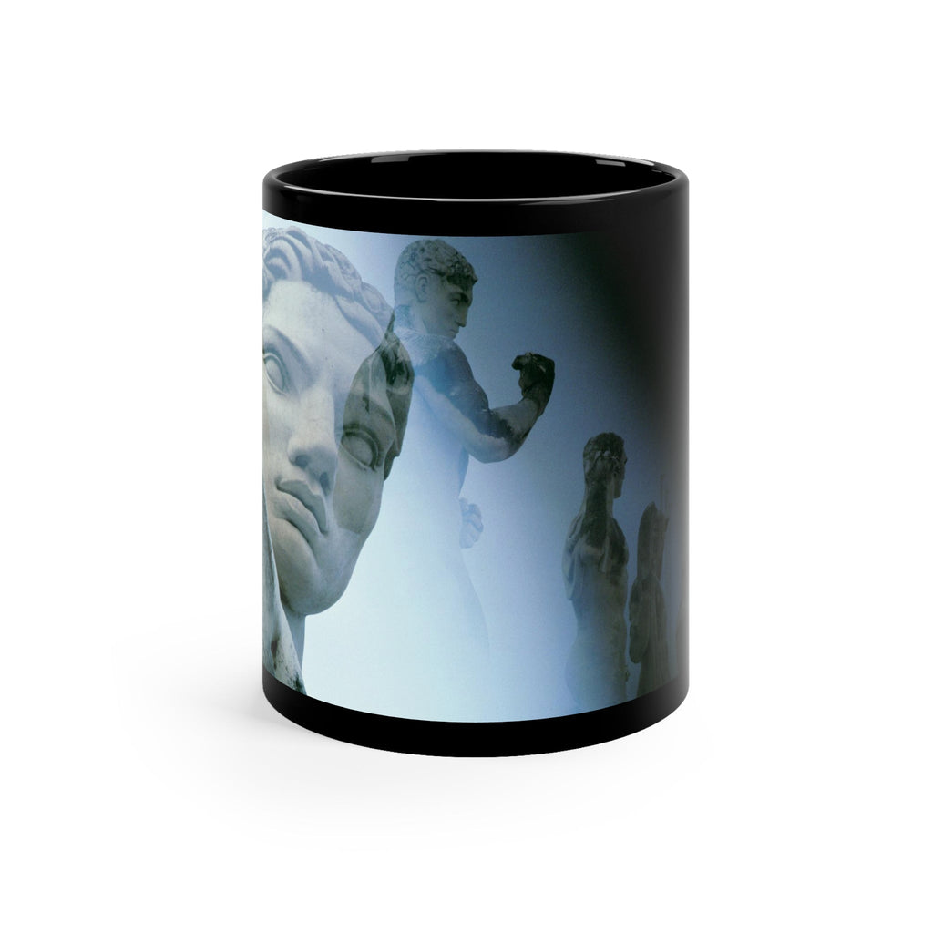 Stadius of the Marbles black ceramic mug - Classical marble athlete sculpture within modern stadium architecture in blue-gray double exposure on premium black drinkware

