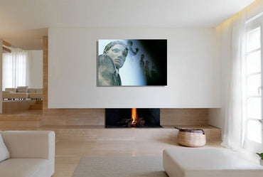 Stadius of the Marbles canvas print by Storaro - Classical marble athlete sculpture within modern stadium architecture in blue-gray double exposure on premium gallery canvas
