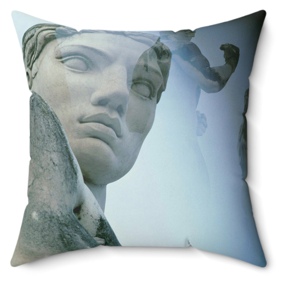 Stadius of the Marbles decorative pillow - Classical marble athlete sculpture within modern stadium architecture in blue-gray double exposure on premium square cushion
