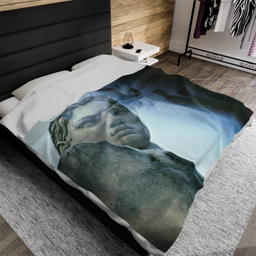 Stadius of the Marbles luxury throw blanket - Classical marble athlete sculpture within modern stadium architecture in blue-gray double exposure on premium soft fabric
