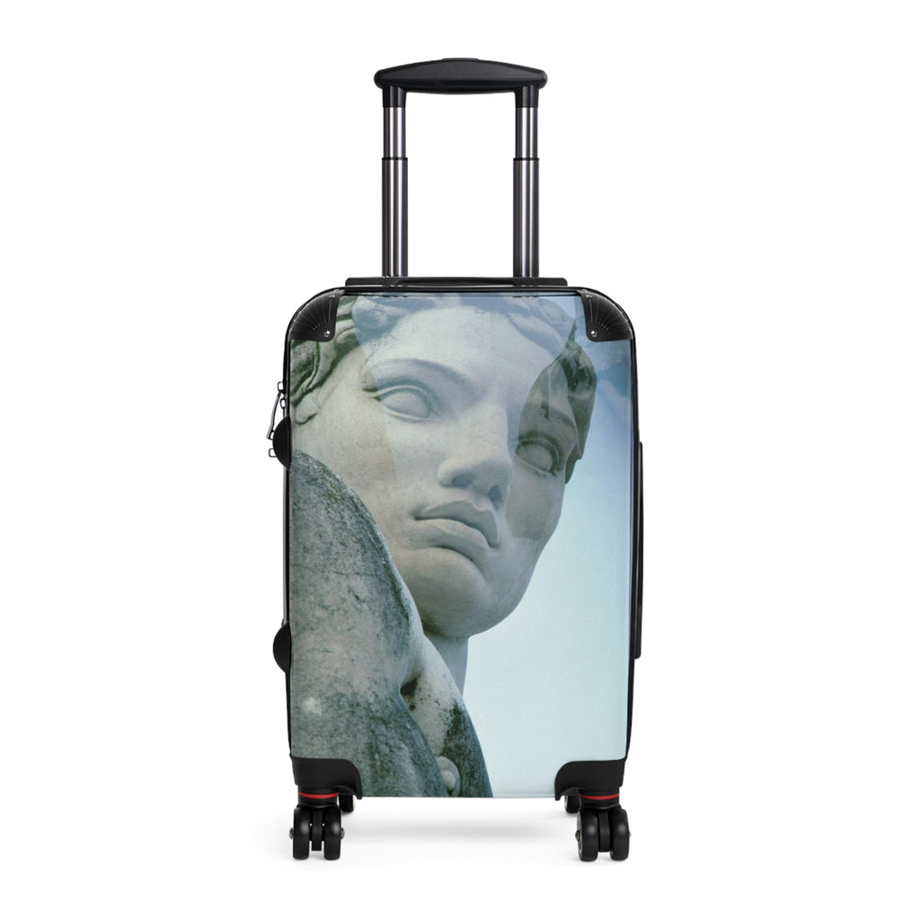 Stadius of the Marbles premium luggage set - Classical marble athlete sculpture within modern stadium architecture in blue-gray double exposure on durable polycarbonate travel suitcase
