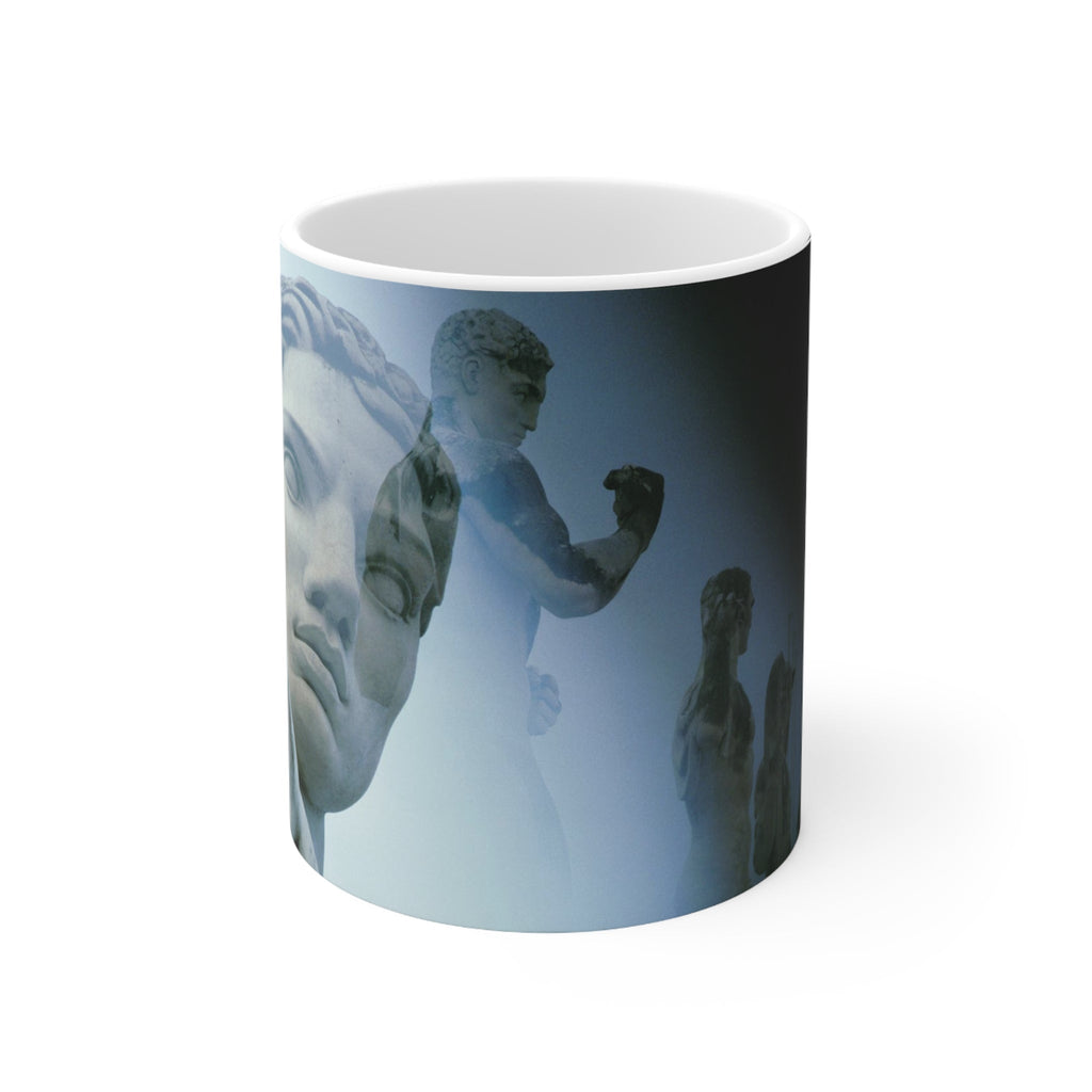 Stadius of the Marbles white ceramic mug - Classical marble athlete sculpture within modern stadium architecture in blue-gray double exposure on premium drinkware
