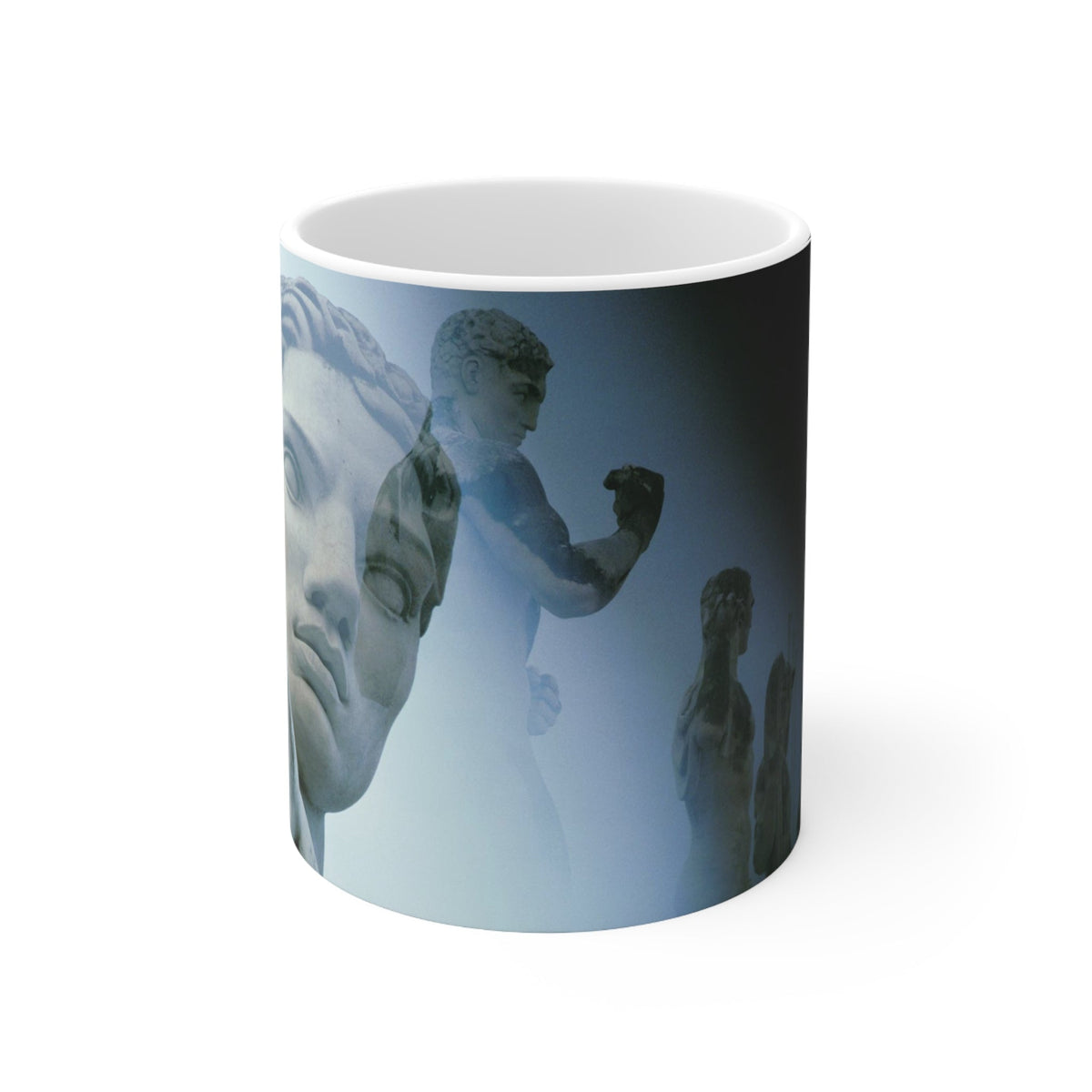 Stadius of the Marbles white ceramic mug - Classical marble athlete sculpture within modern stadium architecture in blue-gray double exposure on premium drinkware
