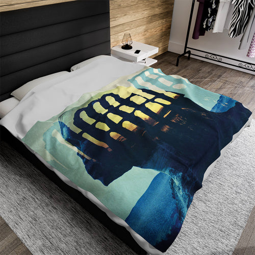 The Ages of Man luxury blanket by Storaro - Contemplative silhouette with Roman ruins in warm golden and cool blue double exposure on premium fabric

